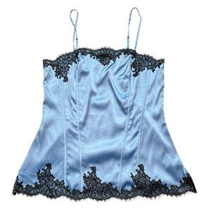 WHBM Blue Silk Camisole with Black Lace Accent Small NWT